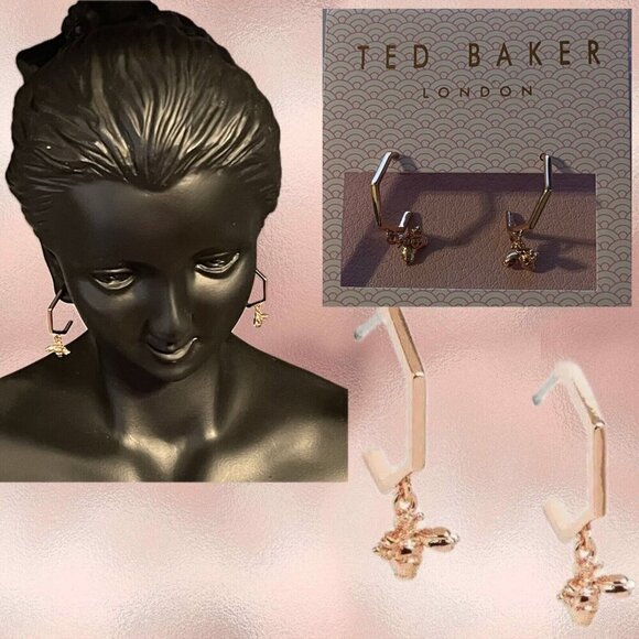 Ted Baker London Rose-Gold Geometric Hoop Dangle Bumble Bee Charm Earrings - Picture 1 of 4